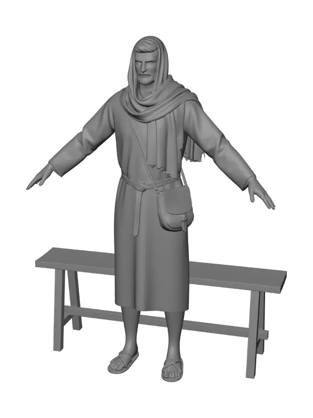 3D model for Un homme de 30 ans du temps de Jésus, avec une tunique sombre, des sandales au pied, une ceinture, une petite barbe. Il porte un sac en bandoulière, il a une écharpe beige sur les épaules pour pouvoir se couvrir le haut de la tête. Il est en pose T avec les bras horizontaux, les paumes vers le bas. . Vue compète du personnage, expression neutre du visage, arrière-plan banc, éclairage studio, vue de face, character design reference sheet style, crisp edges, product render quality.