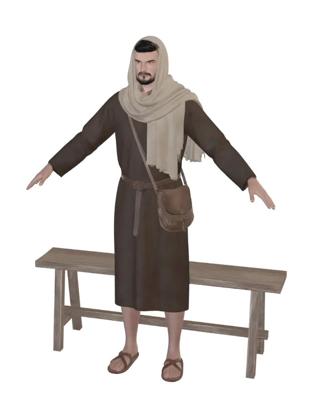 3D model for Un homme de 30 ans du temps de Jésus, avec une tunique sombre, des sandales au pied, une ceinture, une petite barbe. Il porte un sac en bandoulière, il a une écharpe beige sur les épaules pour pouvoir se couvrir le haut de la tête. Il est en pose T avec les bras horizontaux, les paumes vers le bas. . Vue compète du personnage, expression neutre du visage, arrière-plan banc, éclairage studio, vue de face, character design reference sheet style, crisp edges, product render quality.
