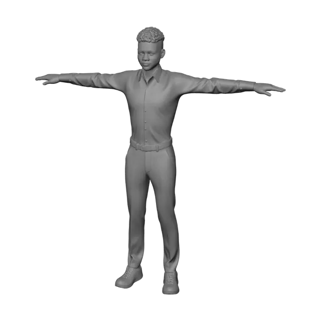 3D model for A 15-year-old European teenage black boy dressed with a white shirt and black trousers. He wears modern sneakers. He stands in a T-pose with arms extended horizontally, palms facing down. Clean white background, full body view, neutral expression, modern teenager look, Short dark hair, studio lighting, character design reference sheet style, front view, crisp edges, product render quality.