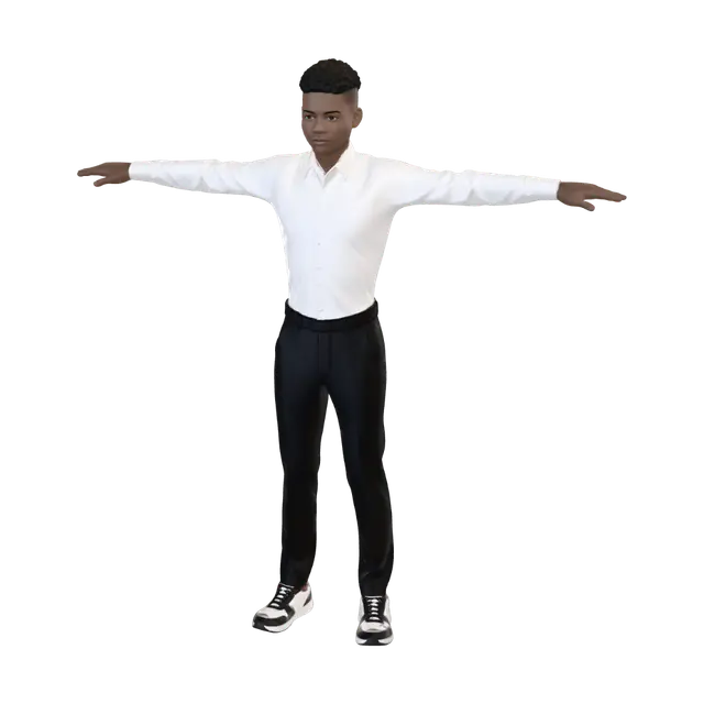 3D model for A 15-year-old European teenage black boy dressed with a white shirt and black trousers. He wears modern sneakers. He stands in a T-pose with arms extended horizontally, palms facing down. Clean white background, full body view, neutral expression, modern teenager look, Short dark hair, studio lighting, character design reference sheet style, front view, crisp edges, product render quality.