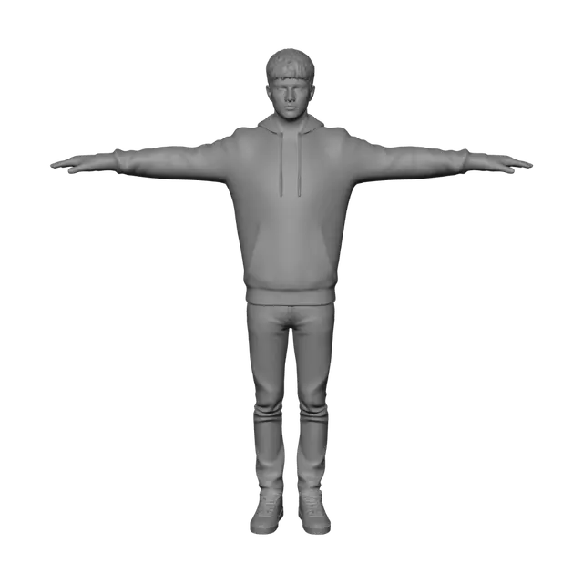3D model for A 15-year-old European teenage boy dressed with a green sweat shirt and jeans. He wears colorful sneakers. He stands in a T-pose with arms extended horizontally, palms facing down. Clean white background, full body view, neutral expression, modern teenager look, short dark hair, studio lighting, character design reference sheet style, front view, crisp edges, product render quality.