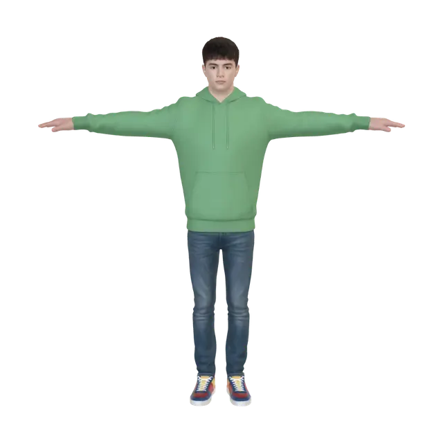 3D model for A 15-year-old European teenage boy dressed with a green sweat shirt and jeans. He wears colorful sneakers. He stands in a T-pose with arms extended horizontally, palms facing down. Clean white background, full body view, neutral expression, modern teenager look, short dark hair, studio lighting, character design reference sheet style, front view, crisp edges, product render quality.