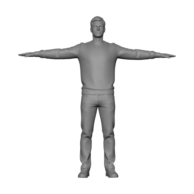 3D model for A 30-year-old European man dressed with a white sweat shirt and jeans. He wears used sneakers. He stands in a T-pose with arms extended horizontally, palms facing down. Clean white background, full body view, neutral expression, modern look, short dark hair, studio lighting, character design reference sheet style, front view, crisp edges, product render quality.