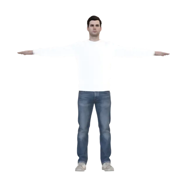 3D model for A 30-year-old European man dressed with a white sweat shirt and jeans. He wears used sneakers. He stands in a T-pose with arms extended horizontally, palms facing down. Clean white background, full body view, neutral expression, modern look, short dark hair, studio lighting, character design reference sheet style, front view, crisp edges, product render quality.