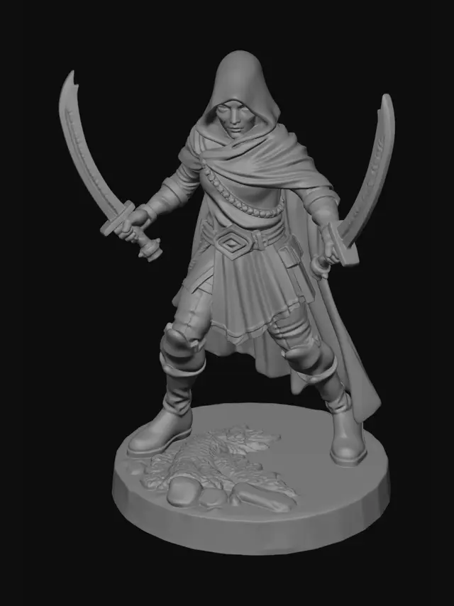 3D model for Create a 3D printable of an adulte human ranger figurine in a dynamic pose(attack) holding **two scimitar**, one in each hand. The character wears a **hooded cloak**. The model should be **fully manifold, watertight, and clean** with **no floating or thin parts**. Optimize geometry for **supportless 3D printing** on FDM and resin printers. Keep **details sharp but print-friendly**, including folds in clothing and facial features. Ensure the model is **ready to export as STL** and scales well to tabletop size (~70-100mm).