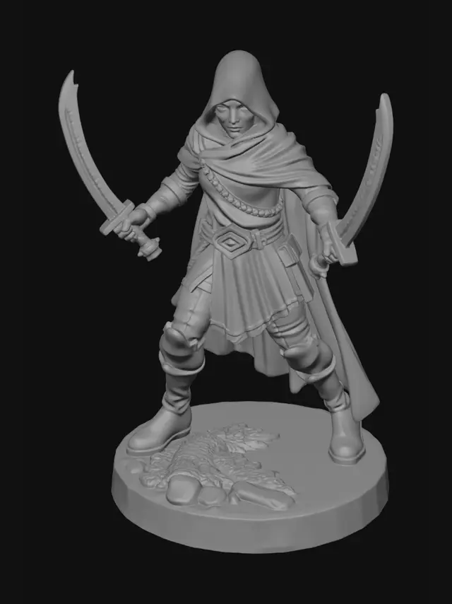 3D model for Create a 3D printable of an adulte human ranger figurine in a dynamic pose(attack) holding **two scimitar**, one in each hand. The character wears a **hooded cloak**. The model should be **fully manifold, watertight, and clean** with **no floating or thin parts**. Optimize geometry for **supportless 3D printing** on FDM and resin printers. Keep **details sharp but print-friendly**, including folds in clothing and facial features. Ensure the model is **ready to export as STL** and scales well to tabletop size (~70-100mm).