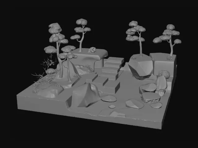 3D model for 创建一个包含地形、树木、石头、台阶、河流等元素的低多边形3D中型场景，配色、布局要自然协调。