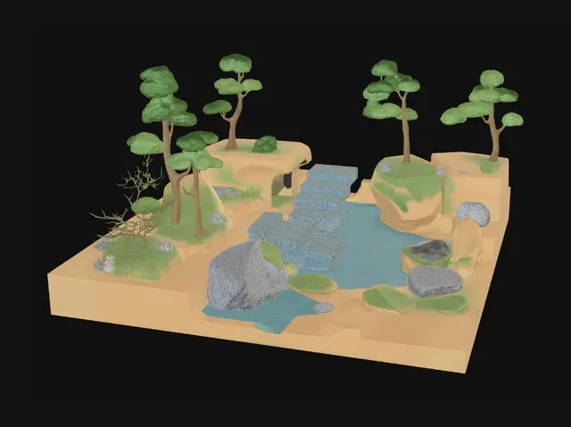 3D model for 创建一个包含地形、树木、石头、台阶、河流等元素的低多边形3D中型场景，配色、布局要自然协调。