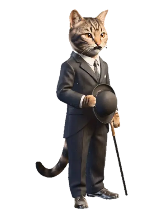 Dapper Chaplin Cat 3D model, vytvořený pomocí AI