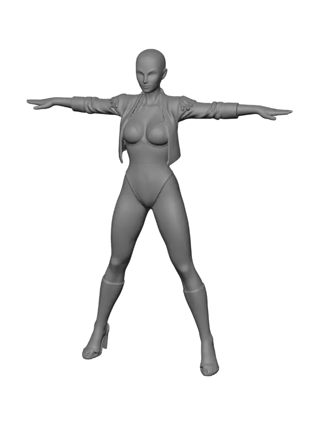 3D model for T-pose the upperbody. A-pose the lower body. give character bald/buzzcut hairstyle. Remove Glasses. Remove necklaces/jewelry & earrings.