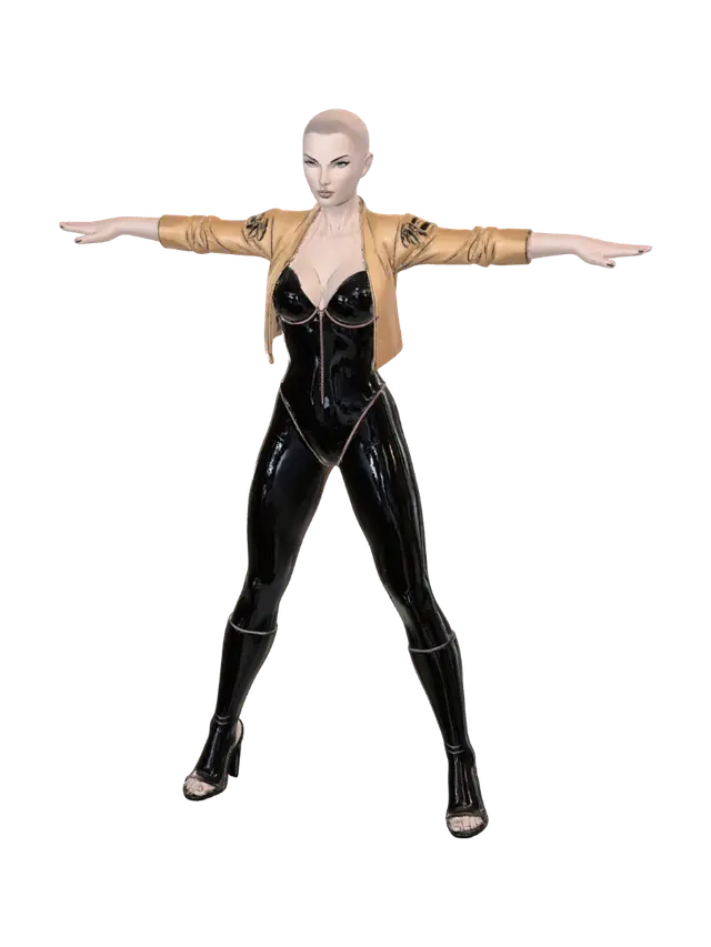 3D model for T-pose the upperbody. A-pose the lower body. give character bald/buzzcut hairstyle. Remove Glasses. Remove necklaces/jewelry & earrings.