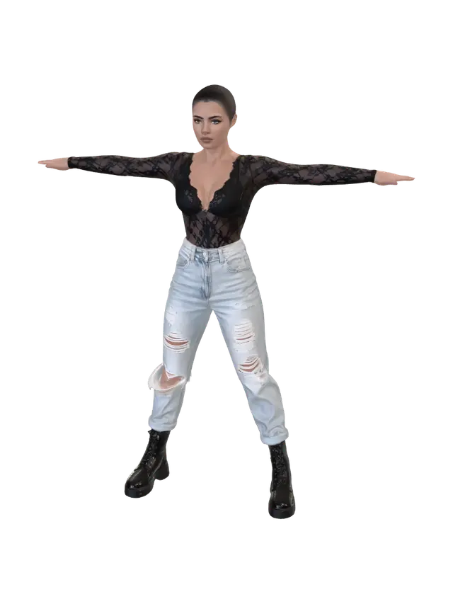 3D model for T-pose the upperbody, A-pose the lower body. Give character buzzcut/short hairstyle. Remove jewelry.