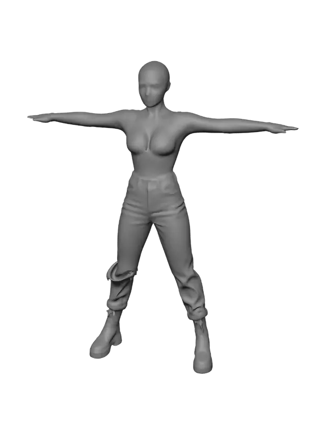 3D model for T-pose the upperbody, A-pose the lower body. Give character buzzcut/short hairstyle. Remove jewelry.