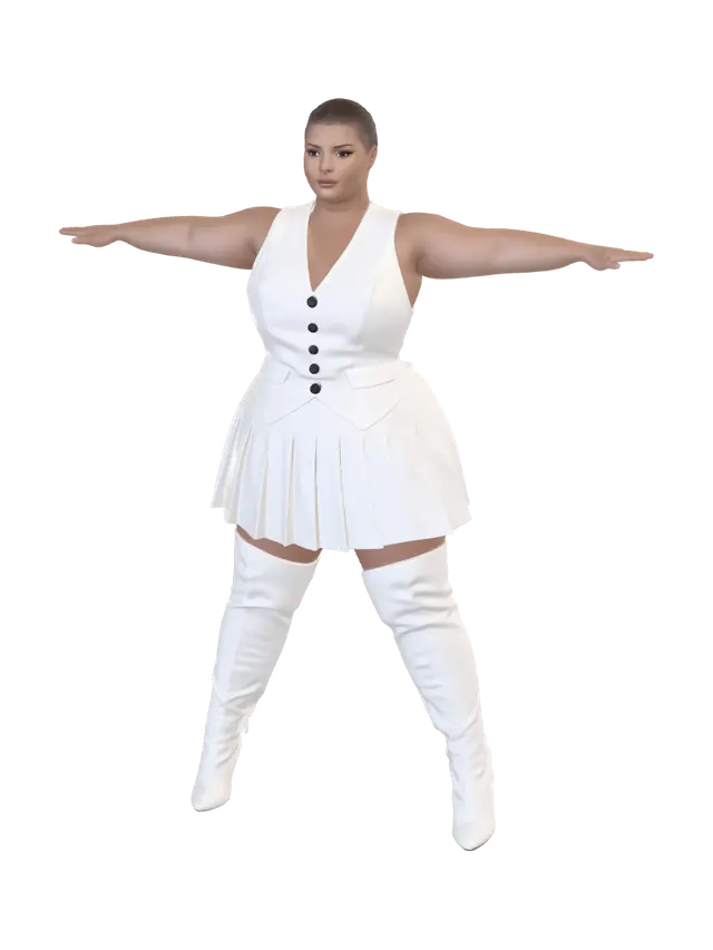 3D model for T-pose the upperbody, A-pose the lower body. Give character buzzcut/short hairstyle. Remove jewelry.