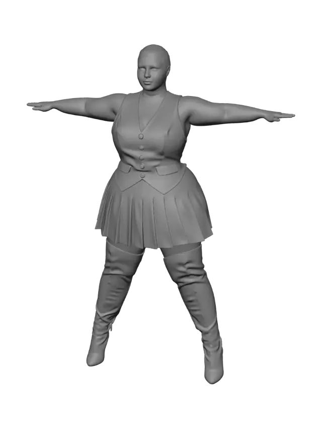 3D model for T-pose the upperbody, A-pose the lower body. Give character buzzcut/short hairstyle. Remove jewelry.