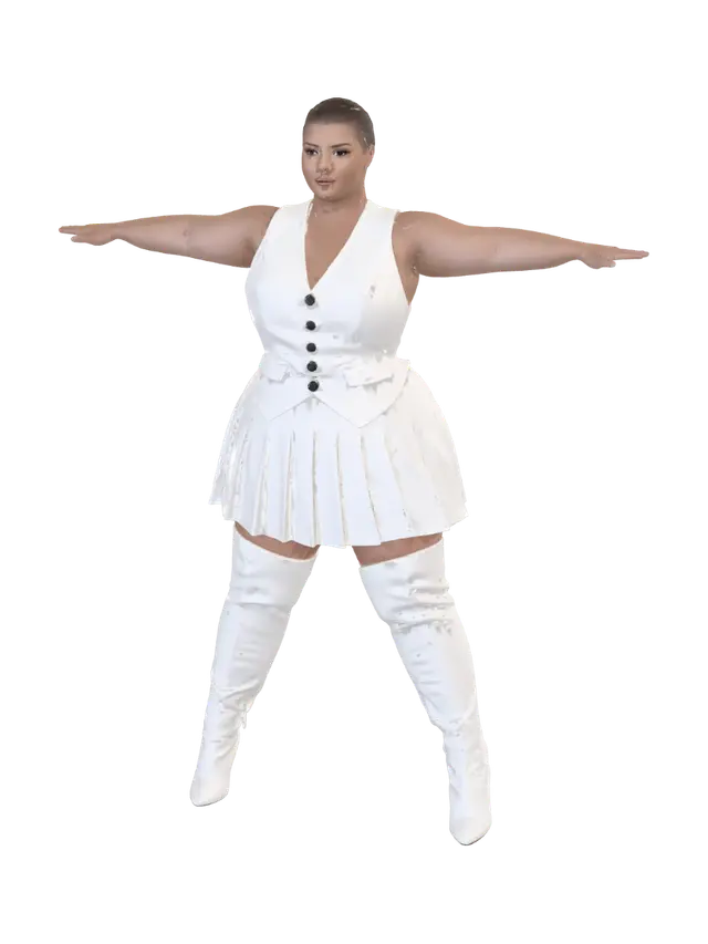 3D model for T-pose the upperbody, A-pose the lower body. Give character buzzcut/short hairstyle. Remove jewelry.
