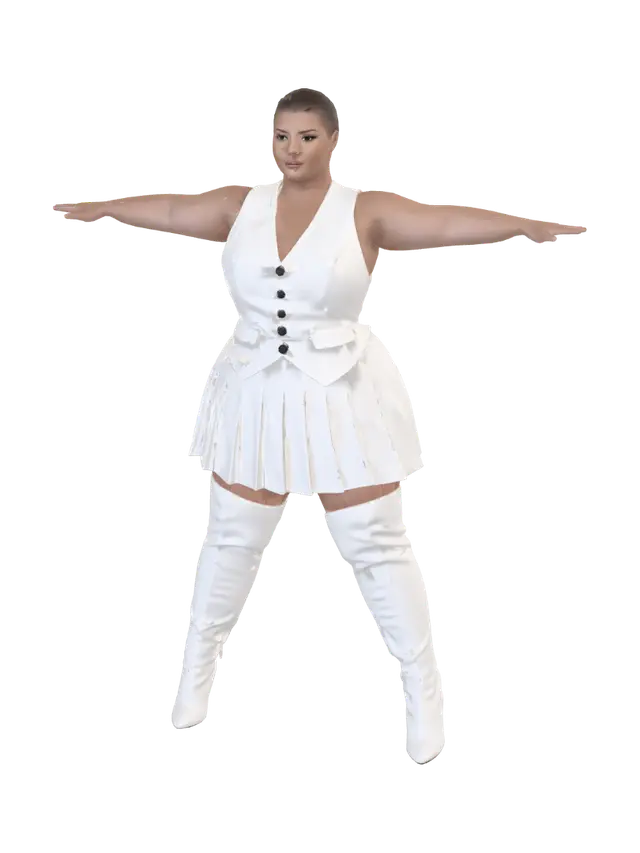 3D model for T-pose the upperbody, A-pose the lower body. Give character buzzcut/short hairstyle. Remove jewelry.