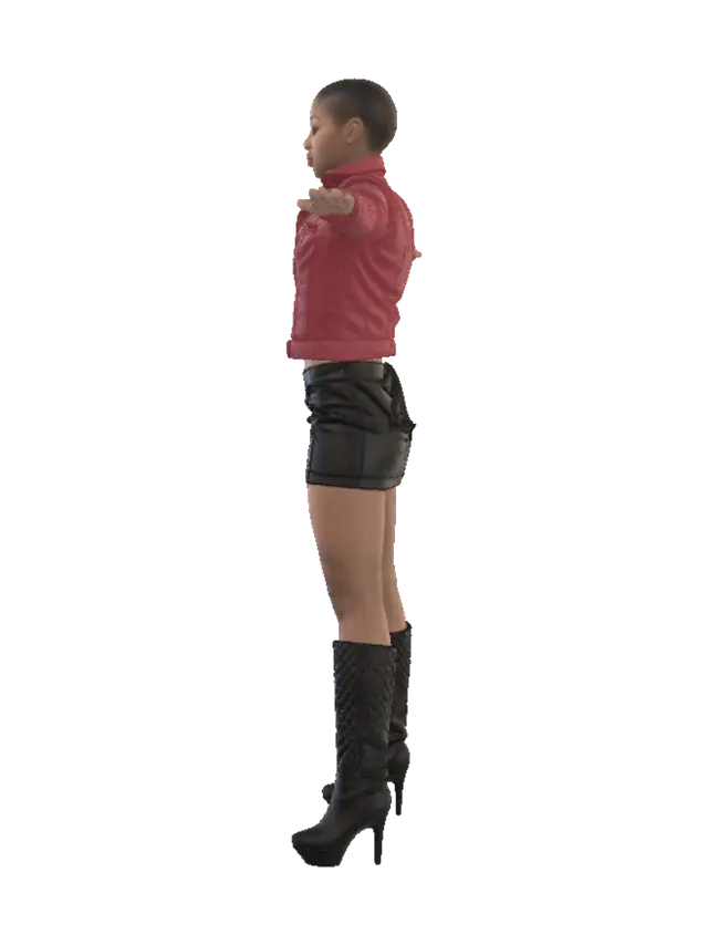 3D model for T-pose the upperbody. A-pose the lowerbody. Give character short/buzzcut hairstyle. Remove jewelry and earrings.