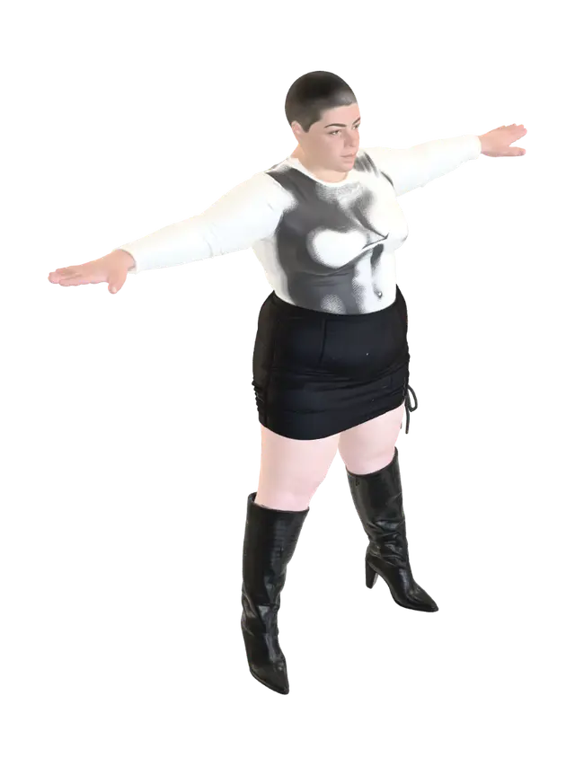 3D model for T-pose the upperbody. A-pose the lower body. Give character buzzcut/short hairstyle. Remove jewelry and earrings.