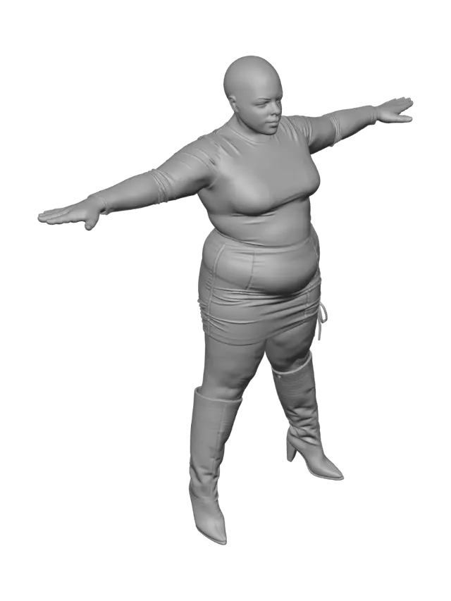 3D model for T-pose the upperbody. A-pose the lower body. Give character buzzcut/short hairstyle. Remove jewelry and earrings.
