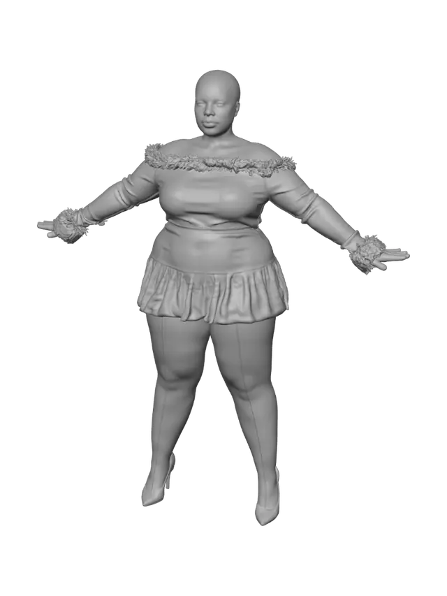 3D model for T-pose the upperbody. A-pose the lower body. Give character buzzcut/short hairstyle. Remove jewelry and earrings.