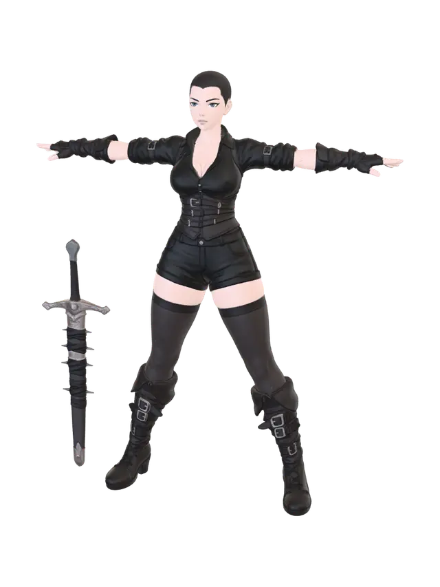 3D model for T-pose the upperbody. A-pose the lower body. Give character buzzcut/short hairstyle. Remove jewelry and earrings.