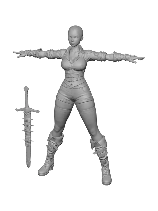 3D model for T-pose the upperbody. A-pose the lower body. Give character buzzcut/short hairstyle. Remove jewelry and earrings.