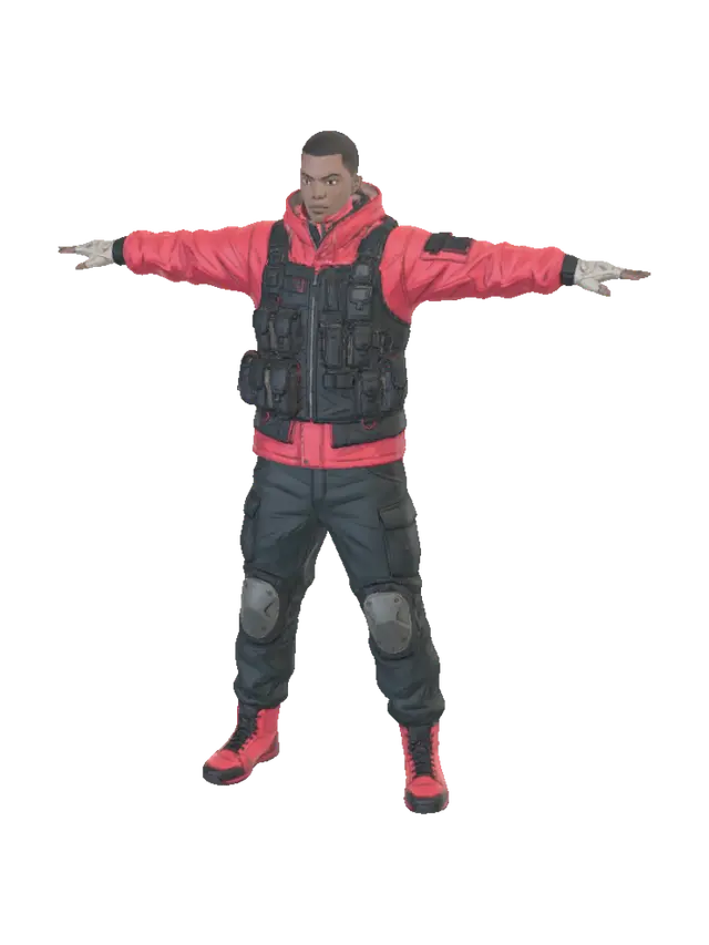 Modello 3D T-pose the upperbody. A-pose the lower body. Give character buzzcut/short hairstyle.…, generato dall’IA