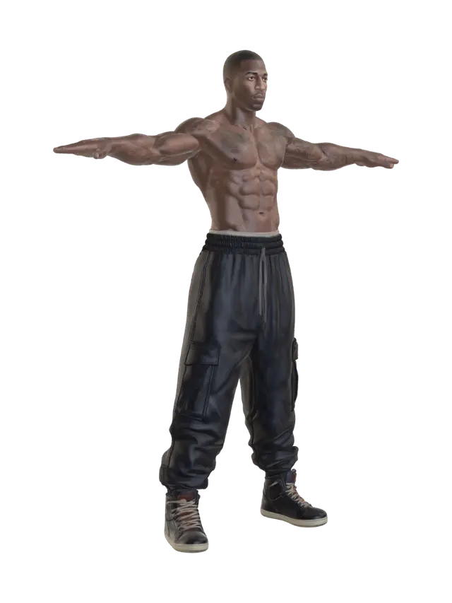 Modello 3D T-pose the upperbody. A-pose the lower body. Give character buzzcut/short hairstyle.…, generato dall’IA