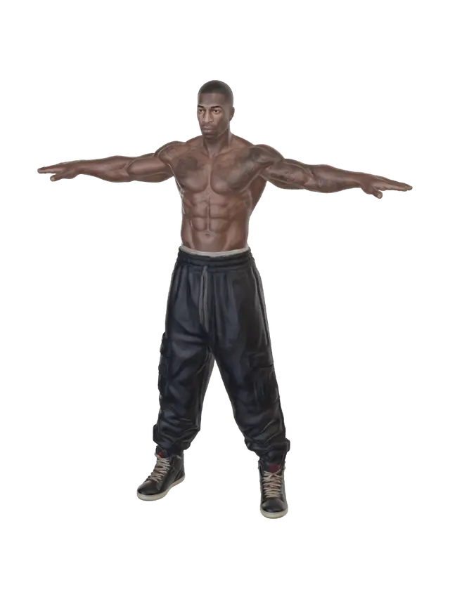T-pose the upperbody. A-pose the lower body. Give character buzzcut/short… 3D model, vytvořený pomocí AI