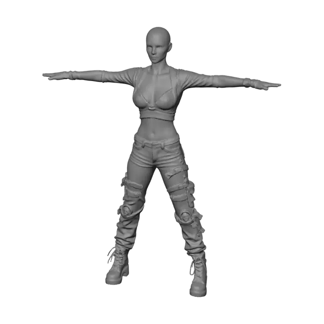 3D model for T-pose the upperbody. A-pose the lower body. give character bald/buzzcut hairstyle. Remove Glasses. Remove necklaces/jewelry & earrings.