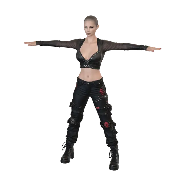 3D model for T-pose the upperbody. A-pose the lower body. give character bald/buzzcut hairstyle. Remove Glasses. Remove necklaces/jewelry & earrings.