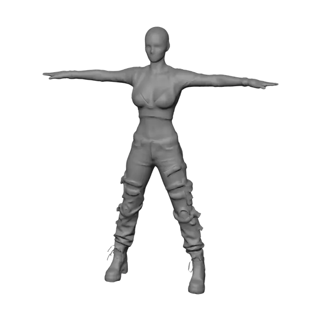 3D model for T-pose the upperbody. A-pose the lower body. give character bald/buzzcut hairstyle. Remove Glasses. Remove necklaces/jewelry & earrings.