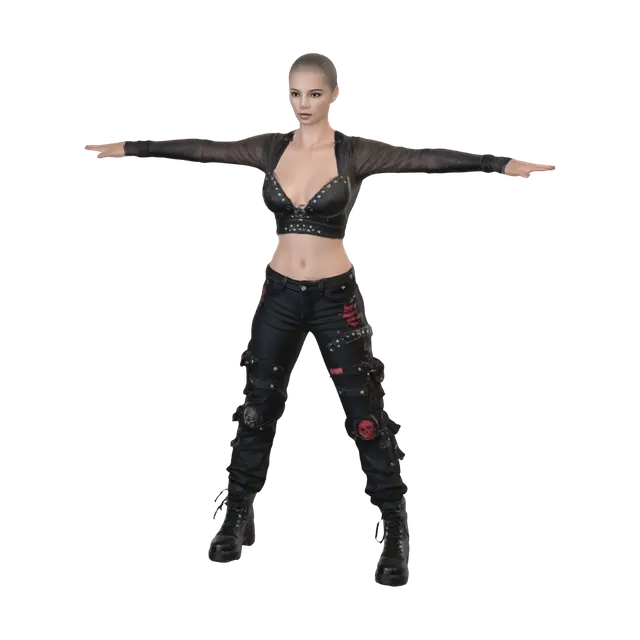 3D model for T-pose the upperbody. A-pose the lower body. give character bald/buzzcut hairstyle. Remove Glasses. Remove necklaces/jewelry & earrings.