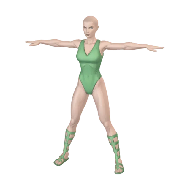 3D model for T-pose the upperbody. A-pose the lower body. give character bald/buzzcut hairstyle. Remove Glasses. Remove necklaces/jewelry & earrings.