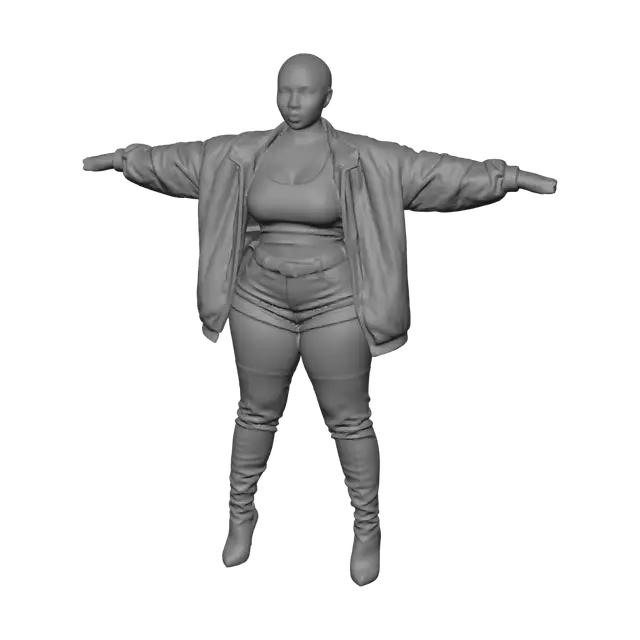 3D model for T-pose the upperbody, A-pose the lower body. Give character buzzcut/short hairstyle. Remove jewelry.