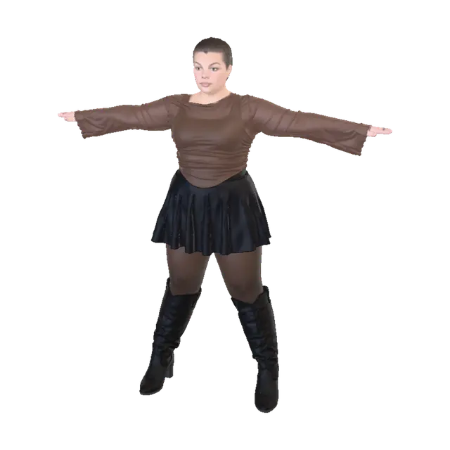 3D model for T-pose the upperbody. A-pose the lowerbody. Give character short/buzzcut hairstyle. Remove jewelry and earrings.