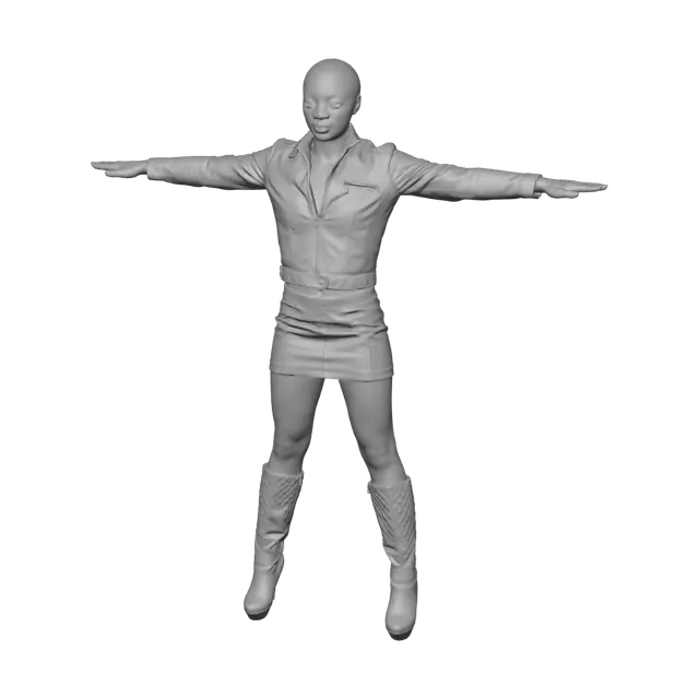 3D model for T-pose the upperbody. A-pose the lowerbody. Give character short/buzzcut hairstyle. Remove jewelry and earrings.