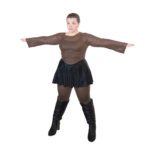 3D model for T-pose the upperbody. A-pose the lowerbody. Give character short/buzzcut hairstyle. Remove jewelry and earrings.