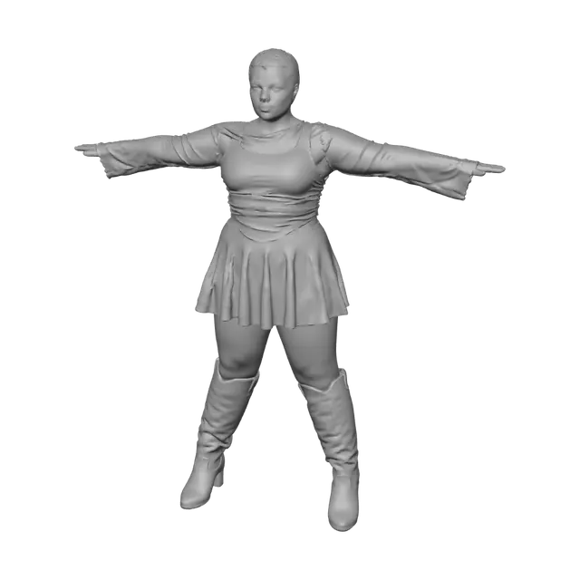 3D model for T-pose the upperbody. A-pose the lowerbody. Give character short/buzzcut hairstyle. Remove jewelry and earrings.