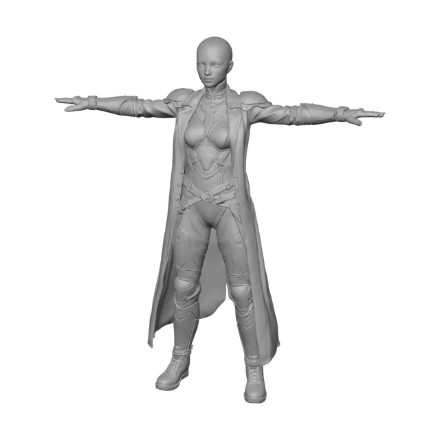 3D model for T-pose the upperbody. A-pose the lower body. Give character buzzcut/short hairstyle. Remove jewelry and earrings.