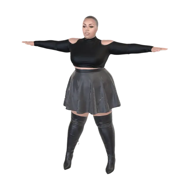 3D model for T-pose the upperbody. A-pose the lower body. Give character buzzcut/short hairstyle. Remove jewelry and earrings.