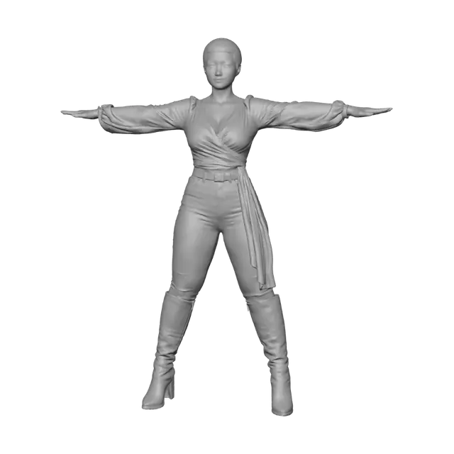 3D model for T-pose the upperbody. A-pose the lower body. Give character buzzcut/short hairstyle. Remove jewelry and earrings.
