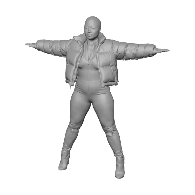 3D model for T-pose the upperbody. A-pose the lower body. Give character buzzcut/short hairstyle. Remove jewelry and earrings.