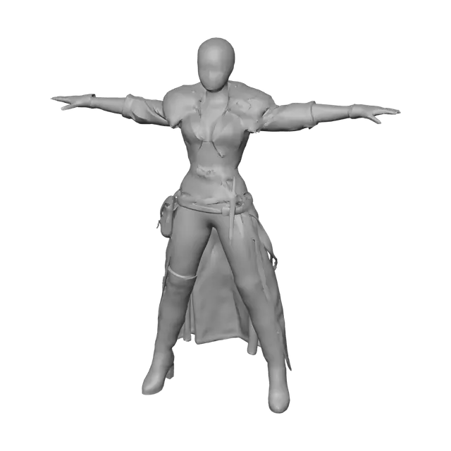 3D model for T-pose the upperbody. A-pose the lower body. Give character buzzcut/short hairstyle. Remove jewelry and earrings.