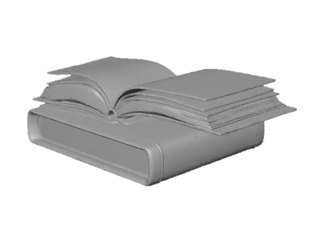 3D model for A stack of old hardcover books and an open notebook lying on the desk. Faded paper texture with handwritten notes, slightly curled corners, and aged edges. Colors muted to match sepia lighting. Tags: books, vintage, study, 1920s, PBR, realistic.