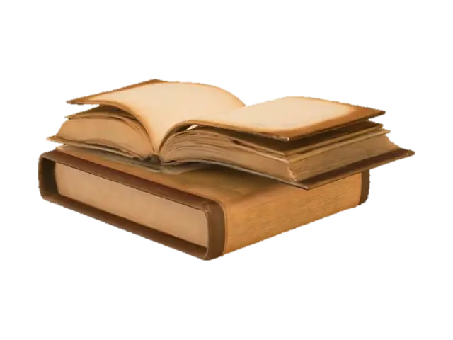 3D model for A stack of old hardcover books and an open notebook lying on the desk. Faded paper texture with handwritten notes, slightly curled corners, and aged edges. Colors muted to match sepia lighting. Tags: books, vintage, study, 1920s, PBR, realistic.