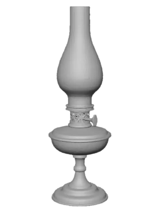 3D model for A 1920s brass oil lamp with a glass chimney, producing a soft, warm yellow light. Light flickers gently on nearby objects, emphasizing the old-time atmosphere. Tags: oil lamp, candlelight, 1920s, warm light, realistic.