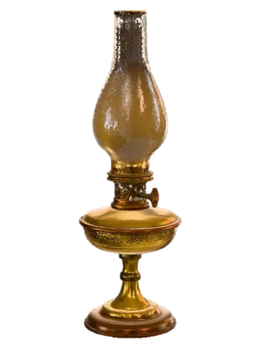 3D model for A 1920s brass oil lamp with a glass chimney, producing a soft, warm yellow light. Light flickers gently on nearby objects, emphasizing the old-time atmosphere. Tags: oil lamp, candlelight, 1920s, warm light, realistic.