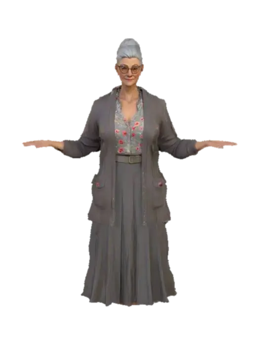 A game-ready 3D avatar of a 55-year-old female librarian, classic style, wearing a… - Grandma 3D model, vytvořený pomocí AI